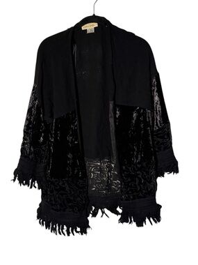Davina Size XS Black Ribbed Fringe Velvet Cardigan Top
